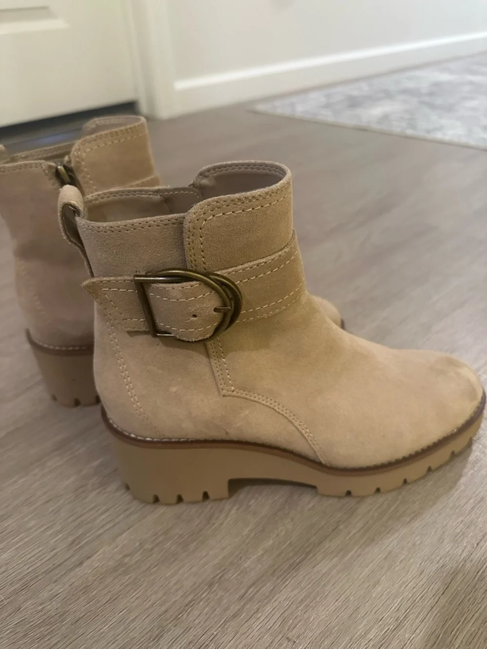 Blondo Beige Suede Buckle Ankle Booties - Picture 2 of 8
